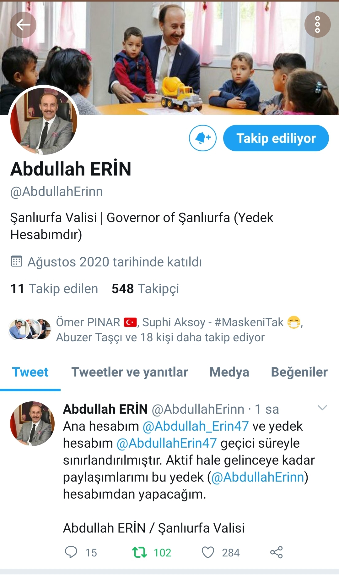Vali Erin yedek twitter hesabını duyurdu