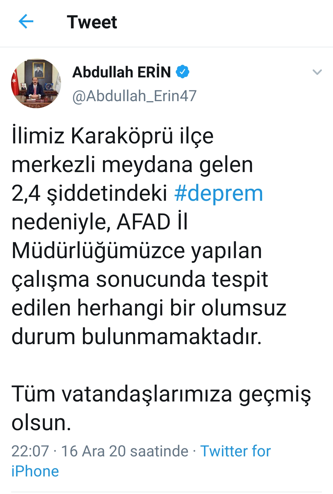 Vali Erin'den Deprem Açıklaması