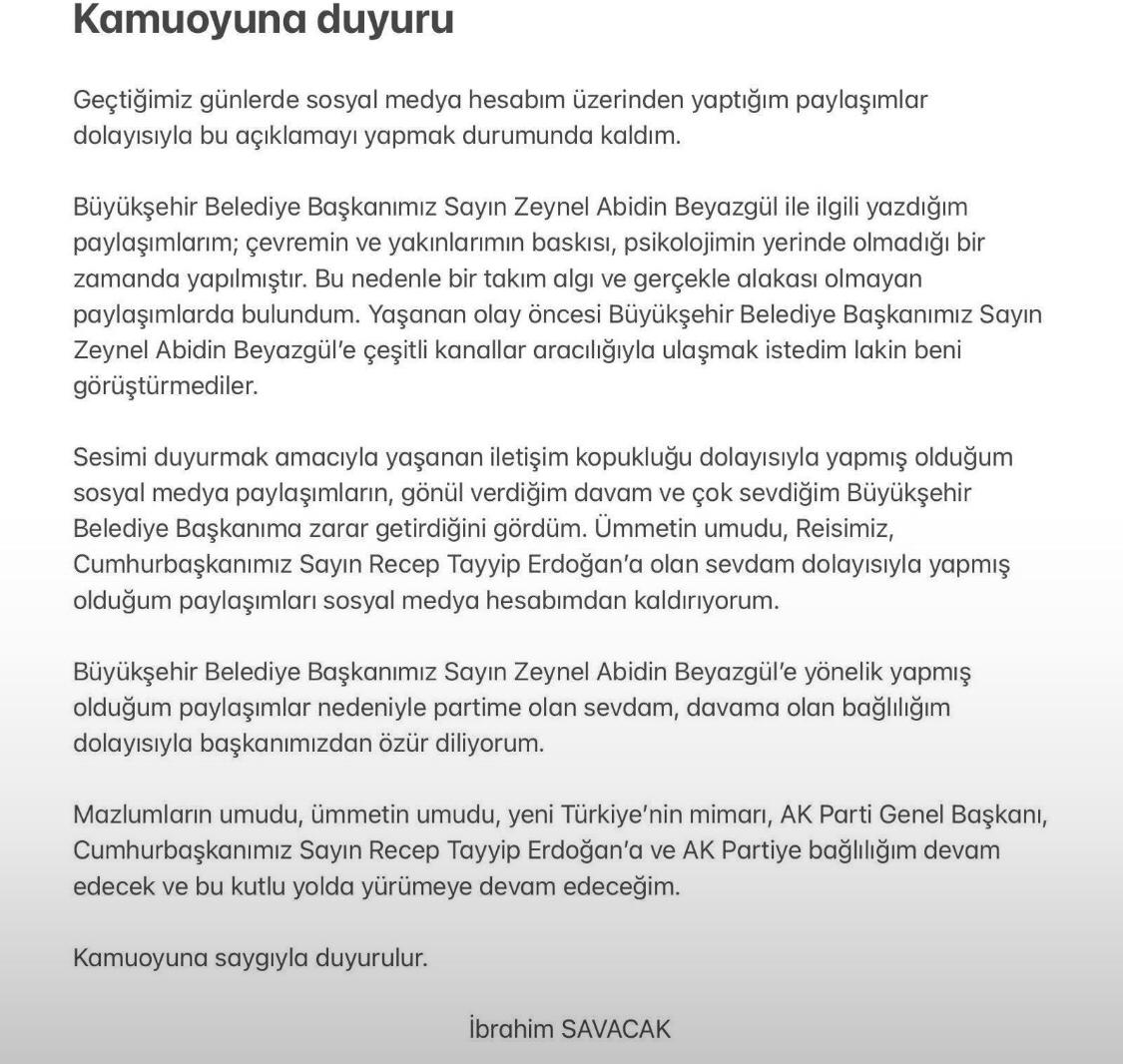 AK Partili Savacak, Beyazgülden özür diledi