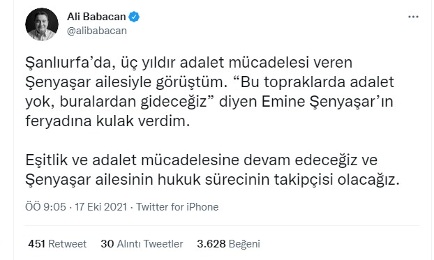 Babacan, Senyaşar ailesiyle görüştü