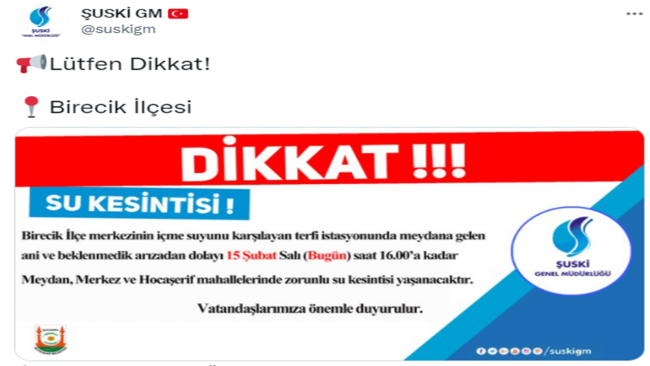 Birecik İlçesinde Sular Kesilecek