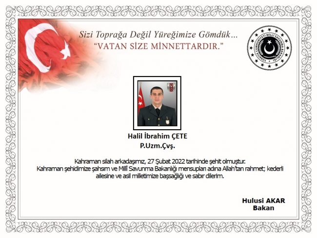 Pençe Yıldırım Harekâtında 1 Asker Şehit oldu