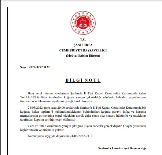 Savcılıktan Açıklama: Cezaevinde Yangın Çıkmadı