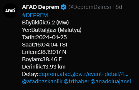 MALATYA'DA 5.2 BÜYÜKLÜĞÜNDE DEPREM