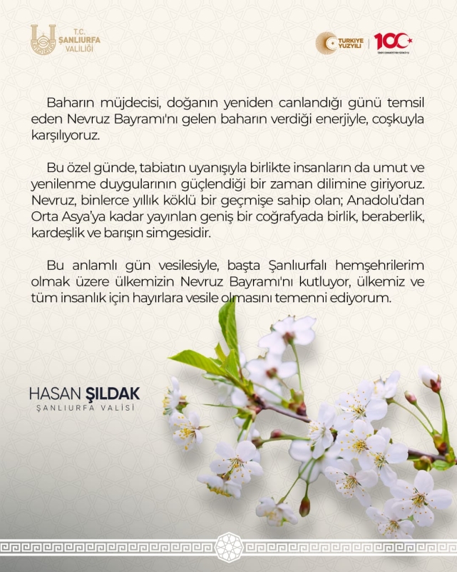VALİ HASAN ŞILDAK'TAN NEVRUZ BAYRAMI MESAJI