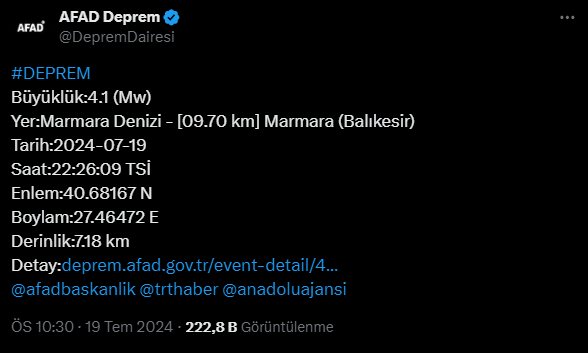 MARMARA DENİZİ'NDE 4.1 BÜYÜKLÜĞÜNDE DEPREM