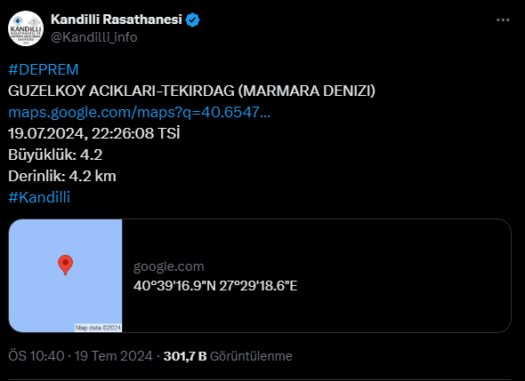 MARMARA DENİZİ'NDE 4.1 BÜYÜKLÜĞÜNDE DEPREM