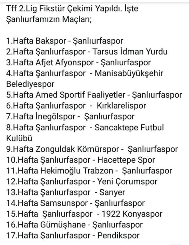 2.Lig'de Urfaspor'un Rakipleri Belli Oldu
