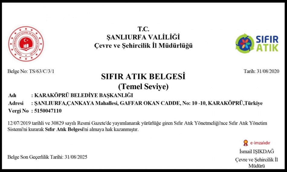 Bakanlıktan belediyeye 'Sıfır Atık Belgesi'