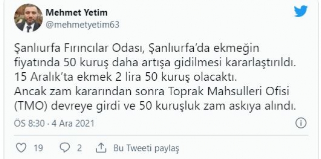Şanlıurfa’da ekmek zammı şimdilik askıya alındı!
