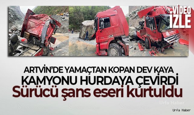 Yamaçtan kopan dev kaya kamyonu hurdaya çevirdi
