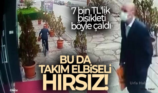 Takım elbiseli şahsın 7 bin TL'lik bisikleti çalma anı kamerada