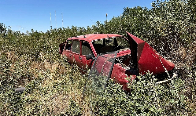 Trafik levhasına çarpan otomobil şarampole devrildi