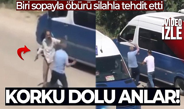 İşçi servisi ile minibüs şoförünün silahlı, sopalı kavgası kamerada