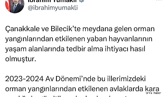 Bakan Yumaklı açıkladı "Orman yangınlarından etkilenen Bilecik'te avlaklarda kara avcılığı durduruldu"