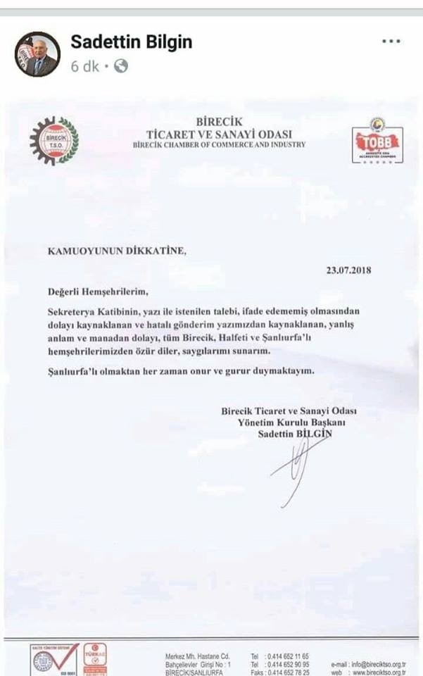 Saadettin Bilgin Tüm Urfalılardan Özür Diledi