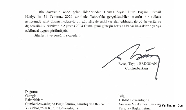 1 GÜNLÜK MİLLİ YAS İLAN EDİLDİ