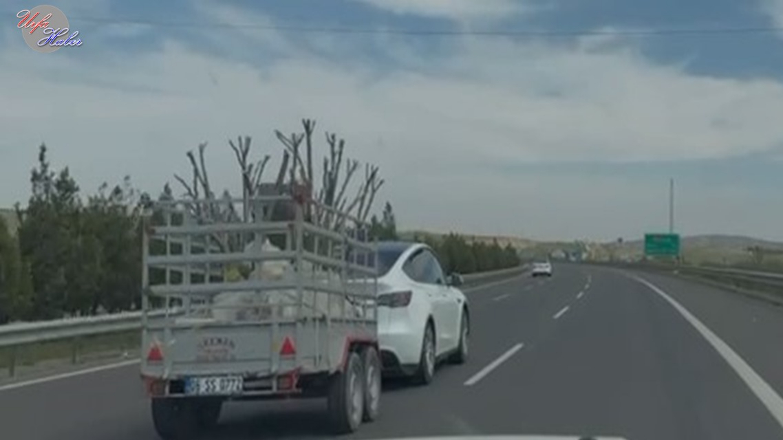 Tesla ve Fidan Yüklü Römork Aynı Karede