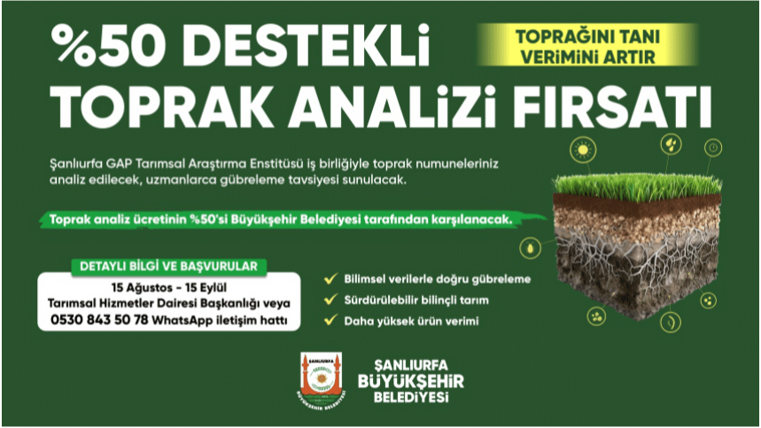 ŞANLIURFA BÜYÜKŞEHİR BELEDİYESİ’NDEN ÇİFTÇİLERE YÜZDE 50 HİBELİ TOPRAK ANALİZİ DESTEĞİ