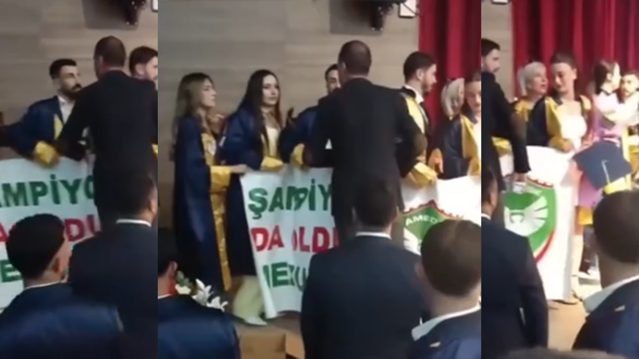 Öğrencilerin mezuniyette taşıdığı pankart krize neden oldu!