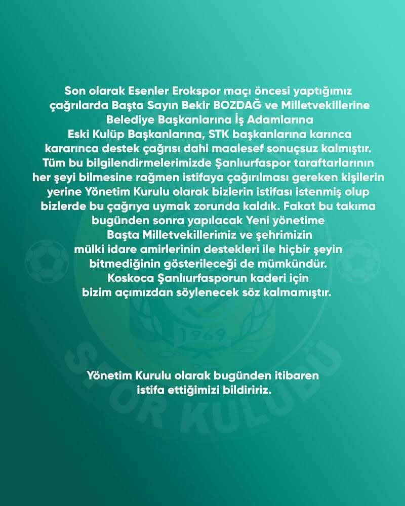 Son Dakika! Şanlıurfaspor Yönetimi İstifa Etti
