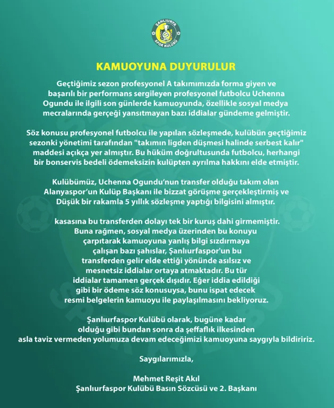 Şanlıurfaspor'dan Uchenna Ogundu Transferi Hakkında Açıklama