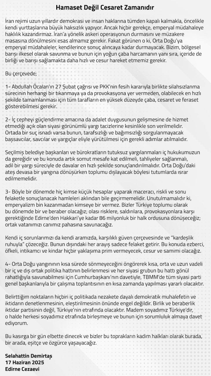 Demirtaş’tan Barış Ve Ortadoğu Çağrısı: Cesaret Zamanı