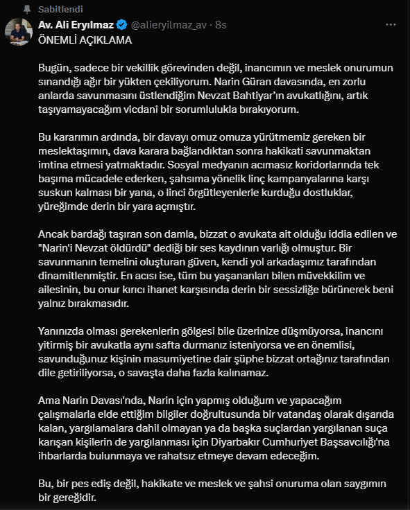 Narin Davasında Flaş Gelişme: Avukat Davadan Çekildi