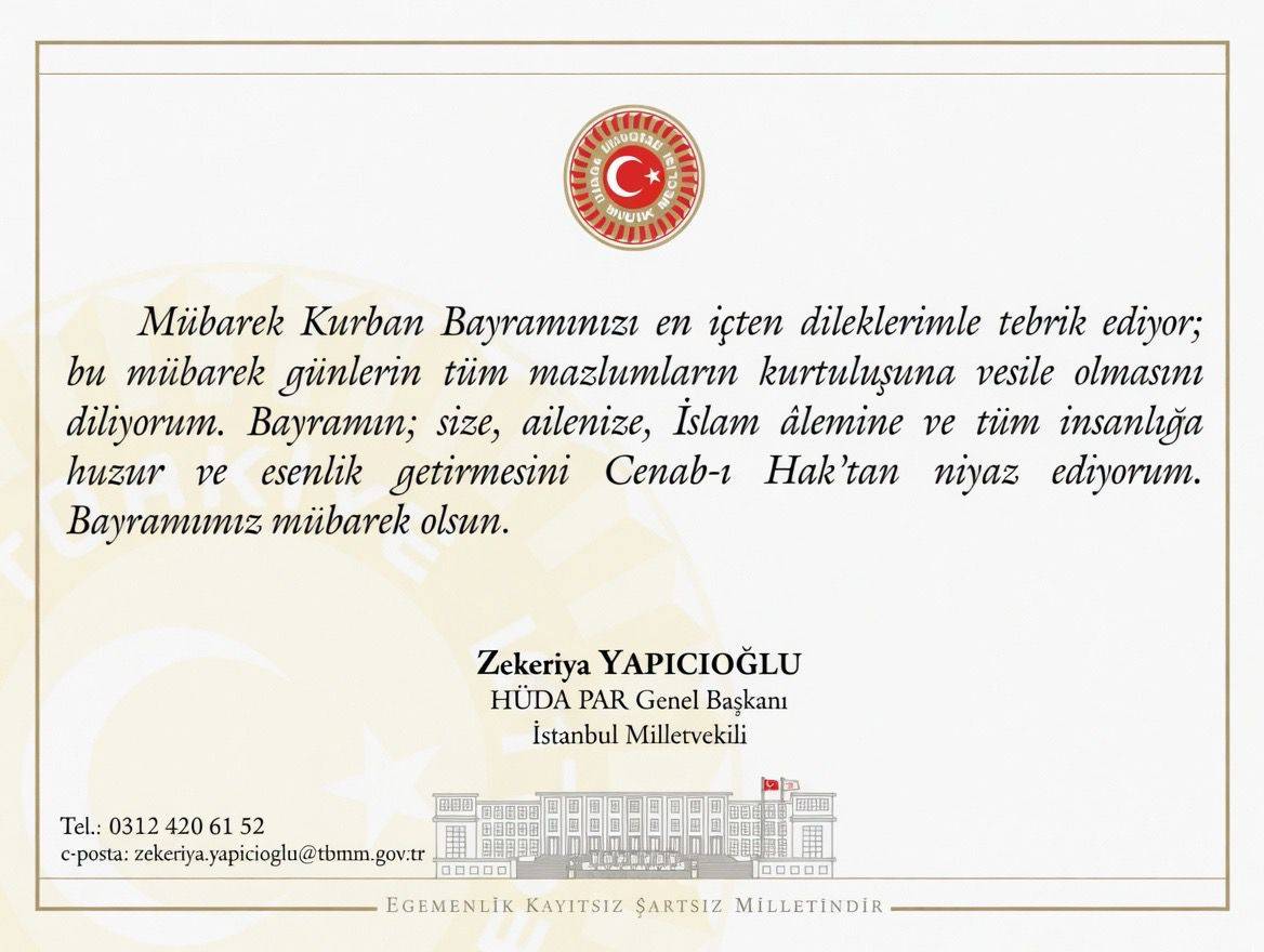 HÜDA PAR Genel Başkanı Yapıcıoğlu’ndan AGM Medya’ya bayram mesajı!