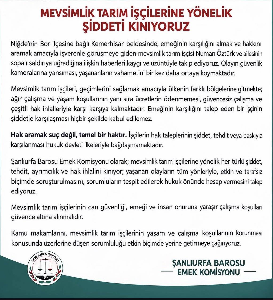 Mevsimlik tarım işçisine saldırı iddiasına barodan tepki!